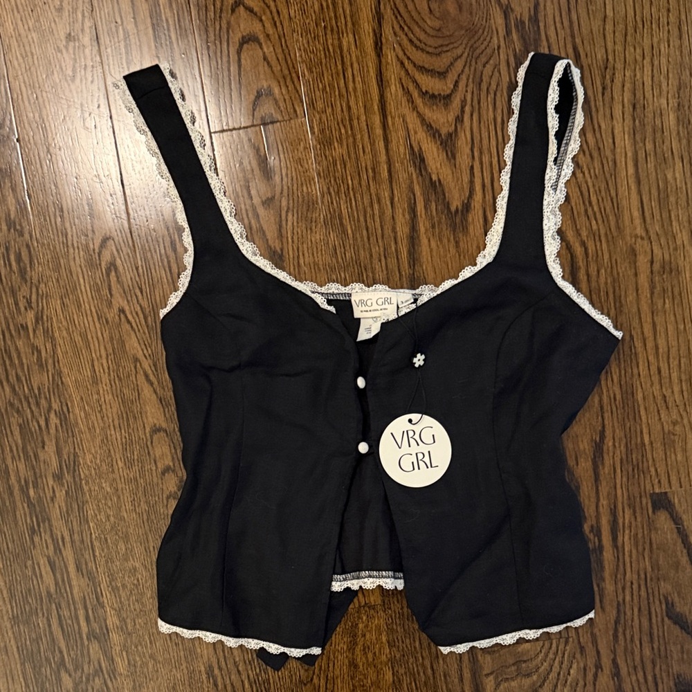 NWT VRG GRL Black Lace Trim Linen Tank
